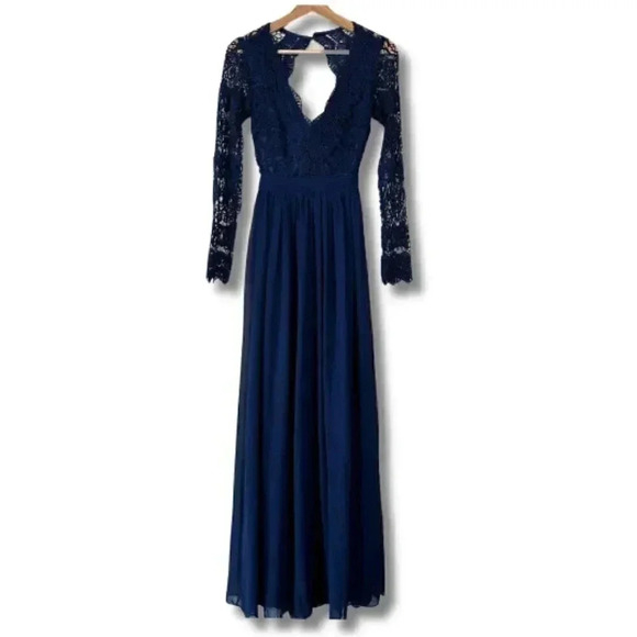 Lulus Maxi Dress Lace Long Sleeve V-Neck Formal Wedding Navy Blue Women's XS - Picture 1 of 10